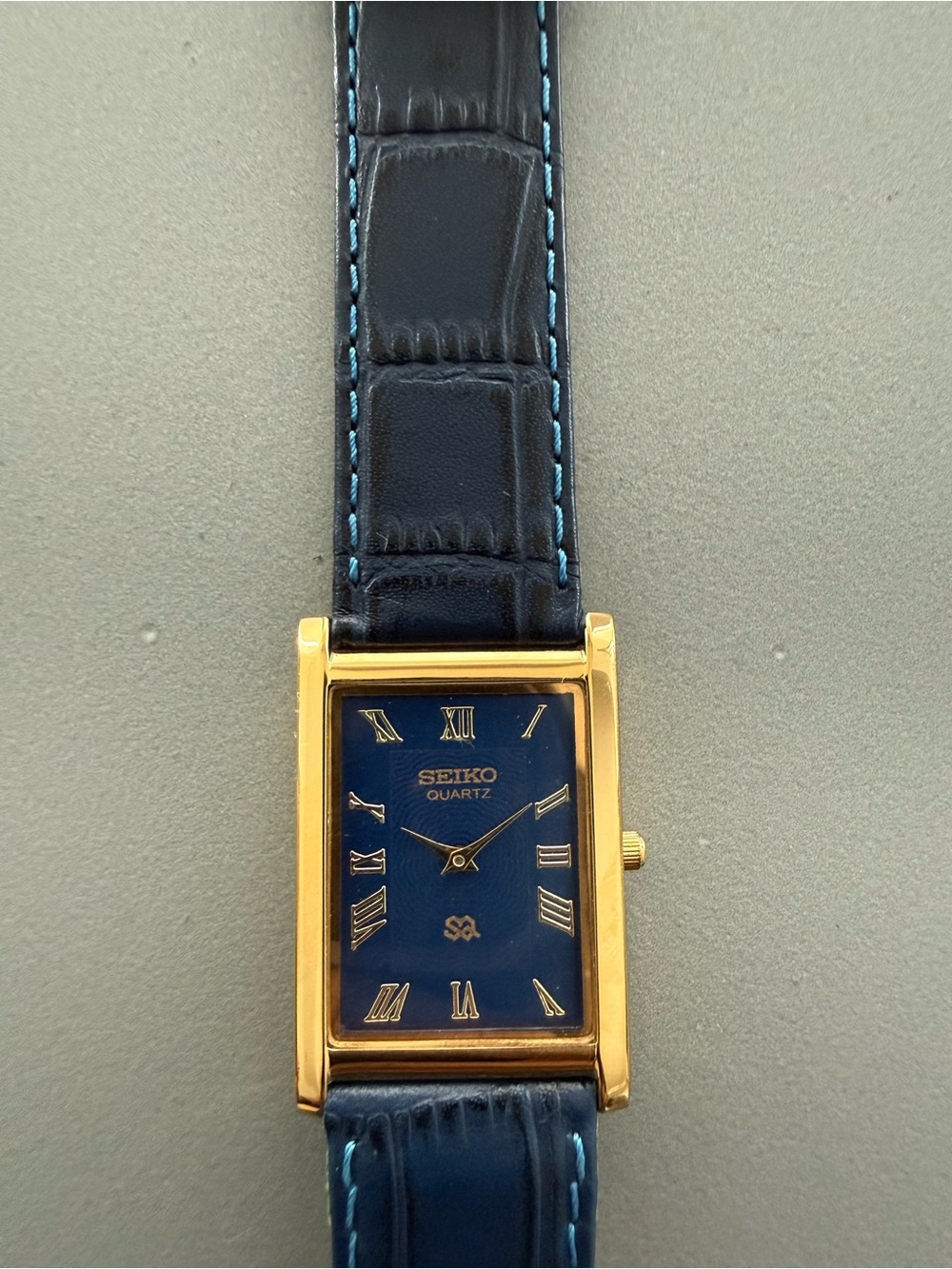 Vintage Seiko Tank watch Refurbished Blue Dial Gold Case Blue Strap